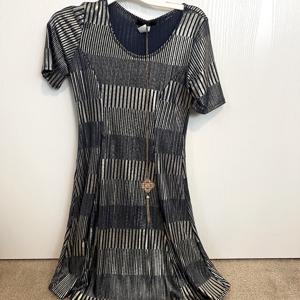 Espresso Gold and Blue Metallic Shift Dress Size Petite S